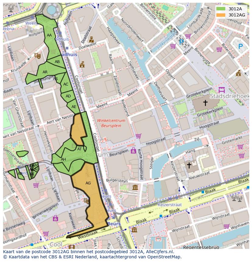 Afbeelding van het postcodegebied 3012 AG op de kaart.