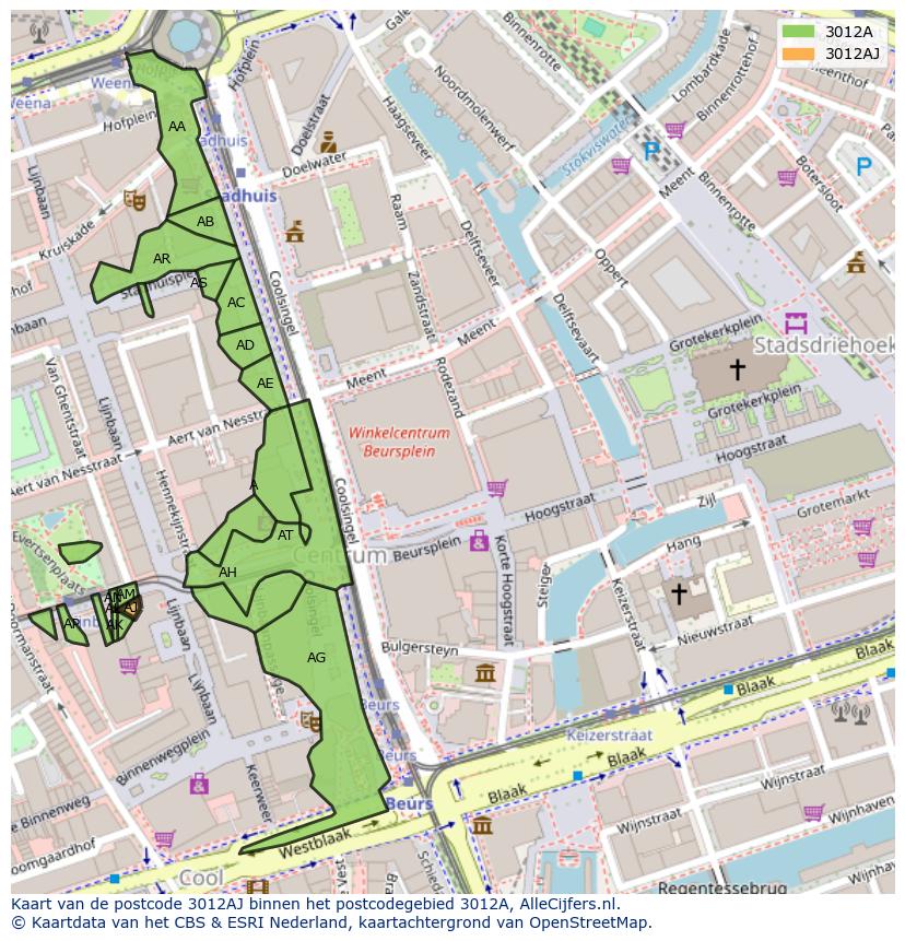 Afbeelding van het postcodegebied 3012 AJ op de kaart.