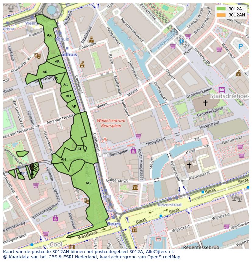 Afbeelding van het postcodegebied 3012 AN op de kaart.