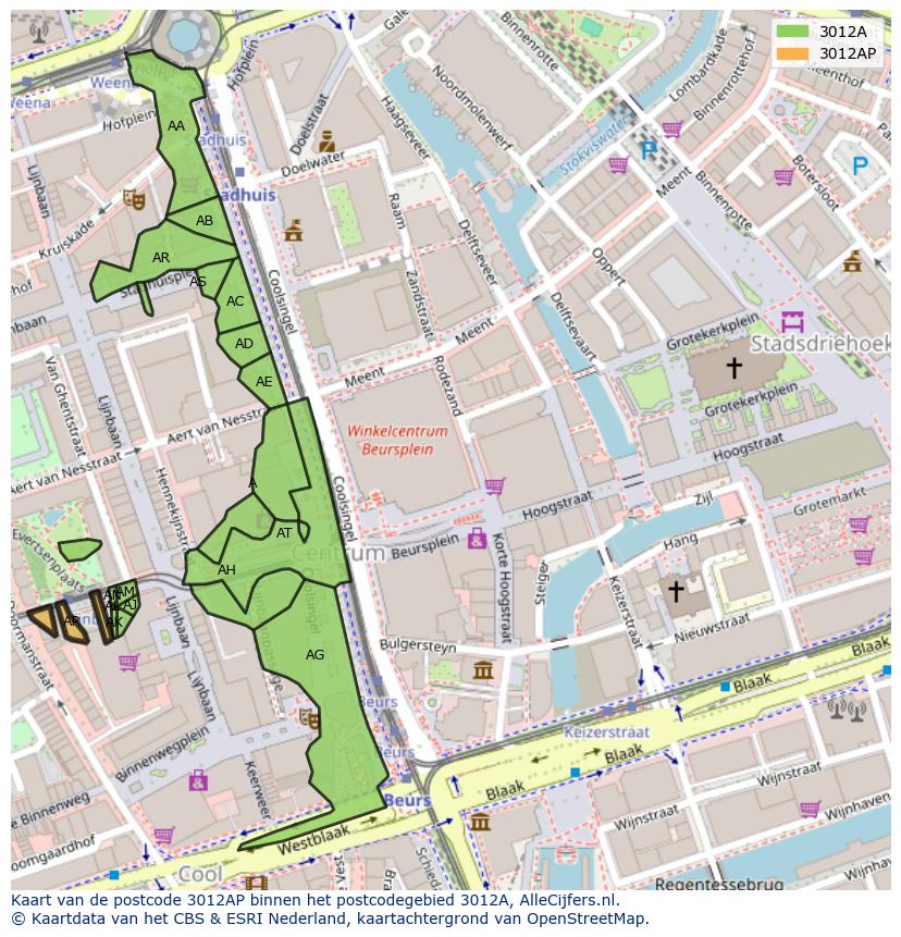 Afbeelding van het postcodegebied 3012 AP op de kaart.