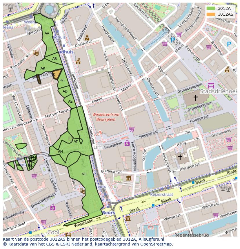 Afbeelding van het postcodegebied 3012 AS op de kaart.