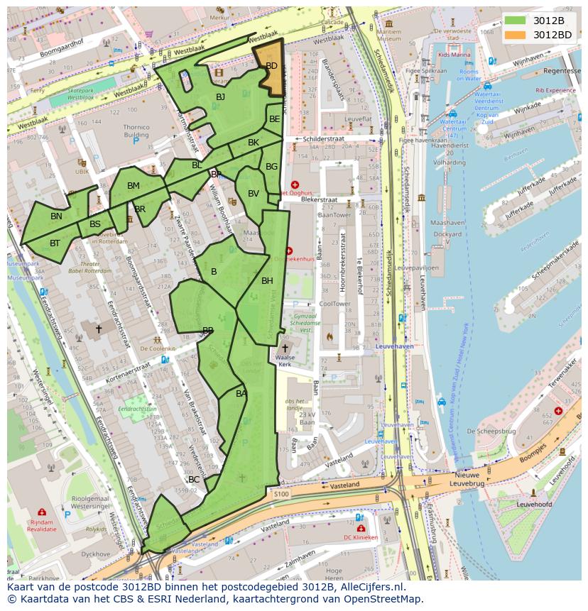 Afbeelding van het postcodegebied 3012 BD op de kaart.