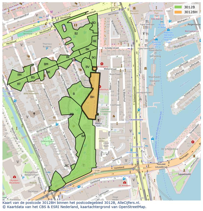 Afbeelding van het postcodegebied 3012 BH op de kaart.