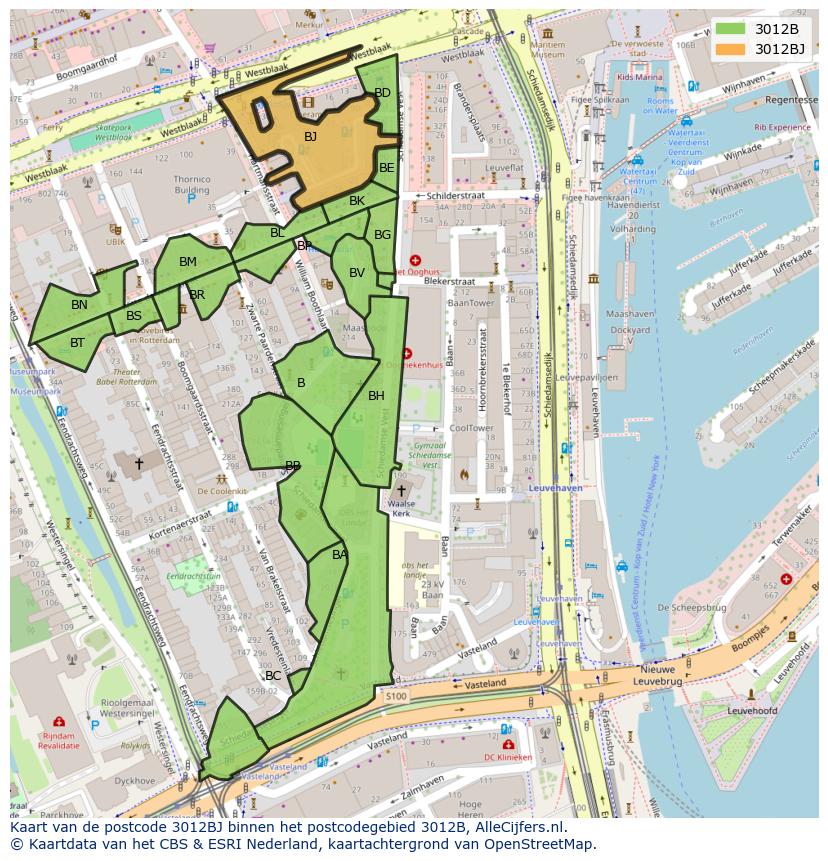 Afbeelding van het postcodegebied 3012 BJ op de kaart.