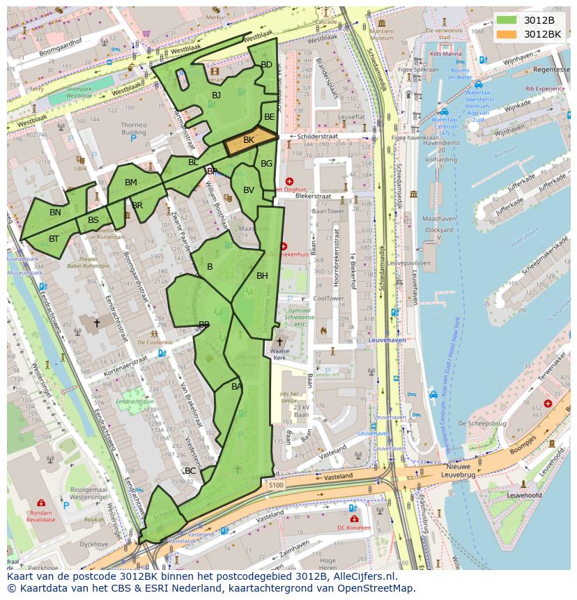 Afbeelding van het postcodegebied 3012 BK op de kaart.