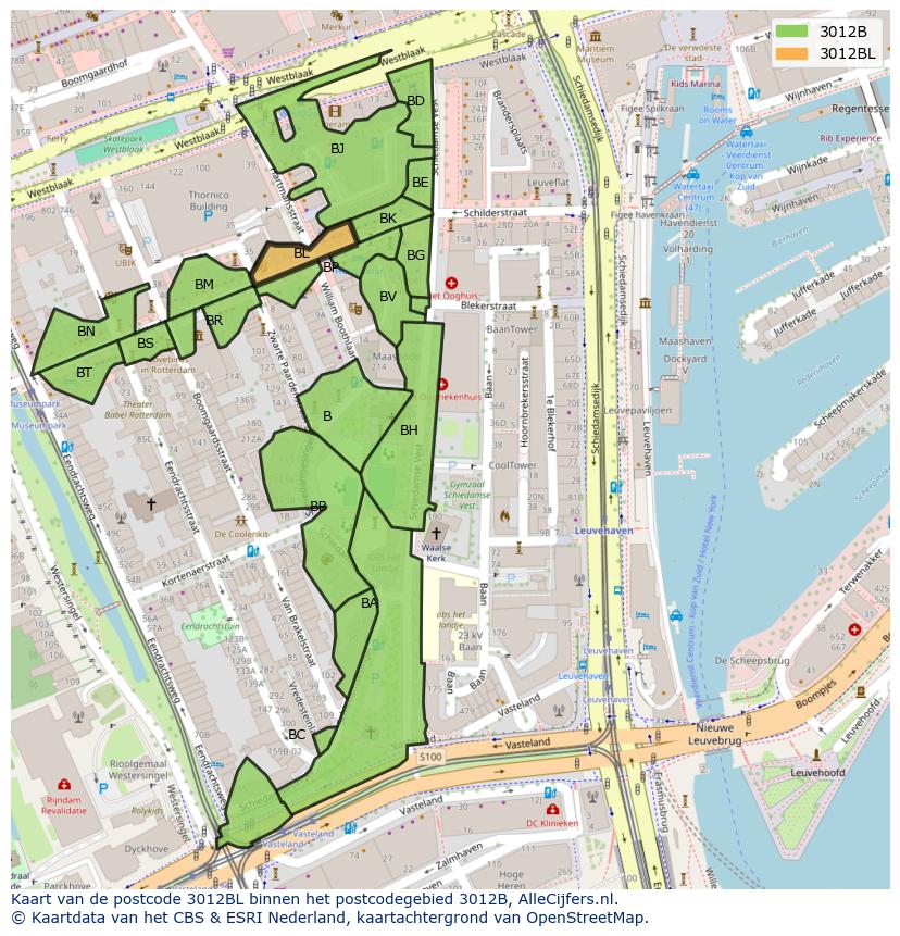 Afbeelding van het postcodegebied 3012 BL op de kaart.