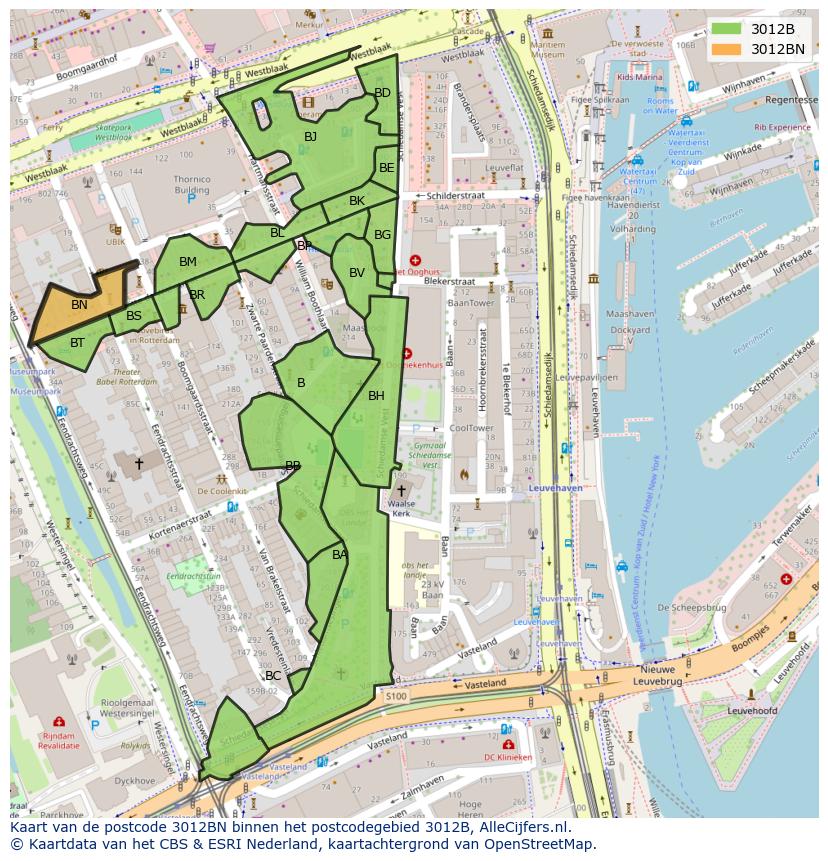 Afbeelding van het postcodegebied 3012 BN op de kaart.
