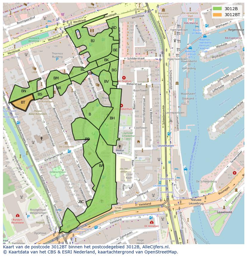 Afbeelding van het postcodegebied 3012 BT op de kaart.