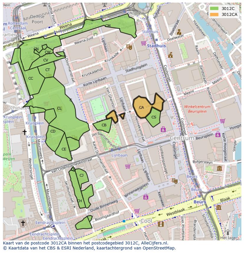 Afbeelding van het postcodegebied 3012 CA op de kaart.