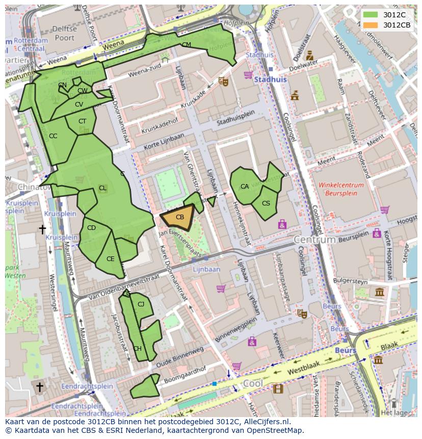 Afbeelding van het postcodegebied 3012 CB op de kaart.