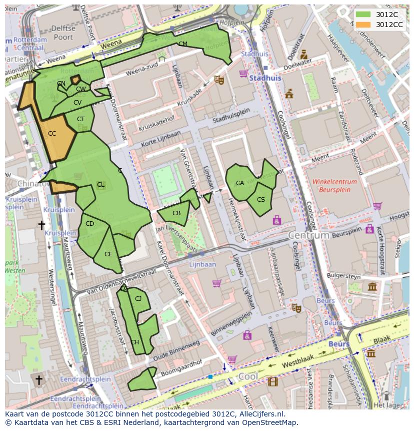 Afbeelding van het postcodegebied 3012 CC op de kaart.