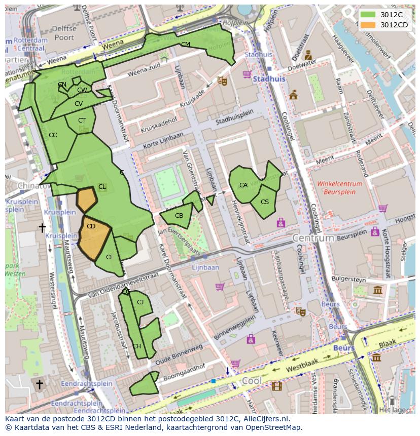 Afbeelding van het postcodegebied 3012 CD op de kaart.