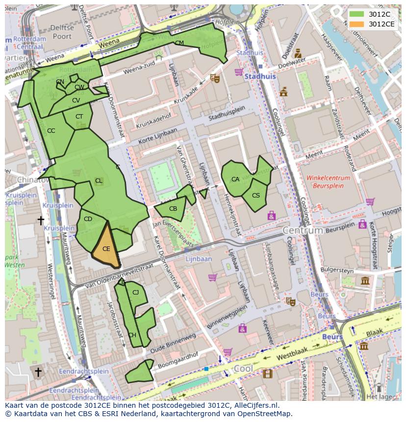 Afbeelding van het postcodegebied 3012 CE op de kaart.