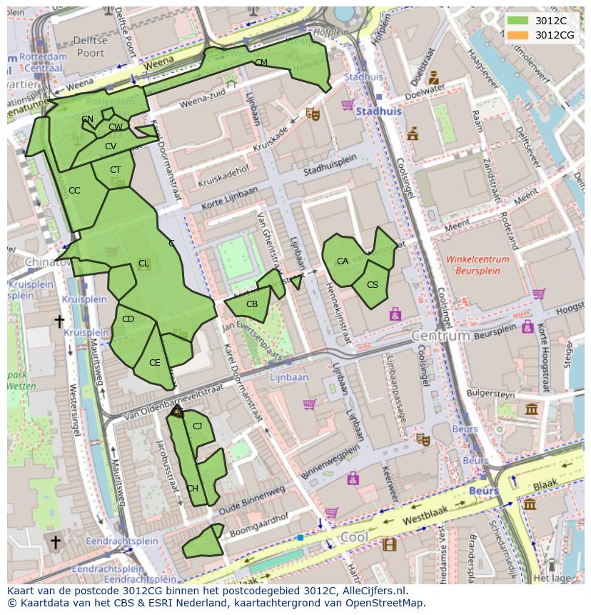 Afbeelding van het postcodegebied 3012 CG op de kaart.