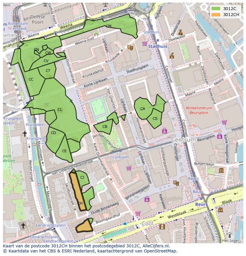 Afbeelding van het postcodegebied 3012 CH op de kaart.