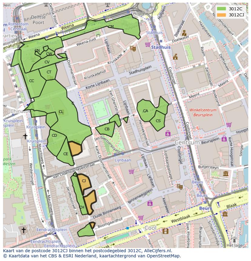 Afbeelding van het postcodegebied 3012 CJ op de kaart.