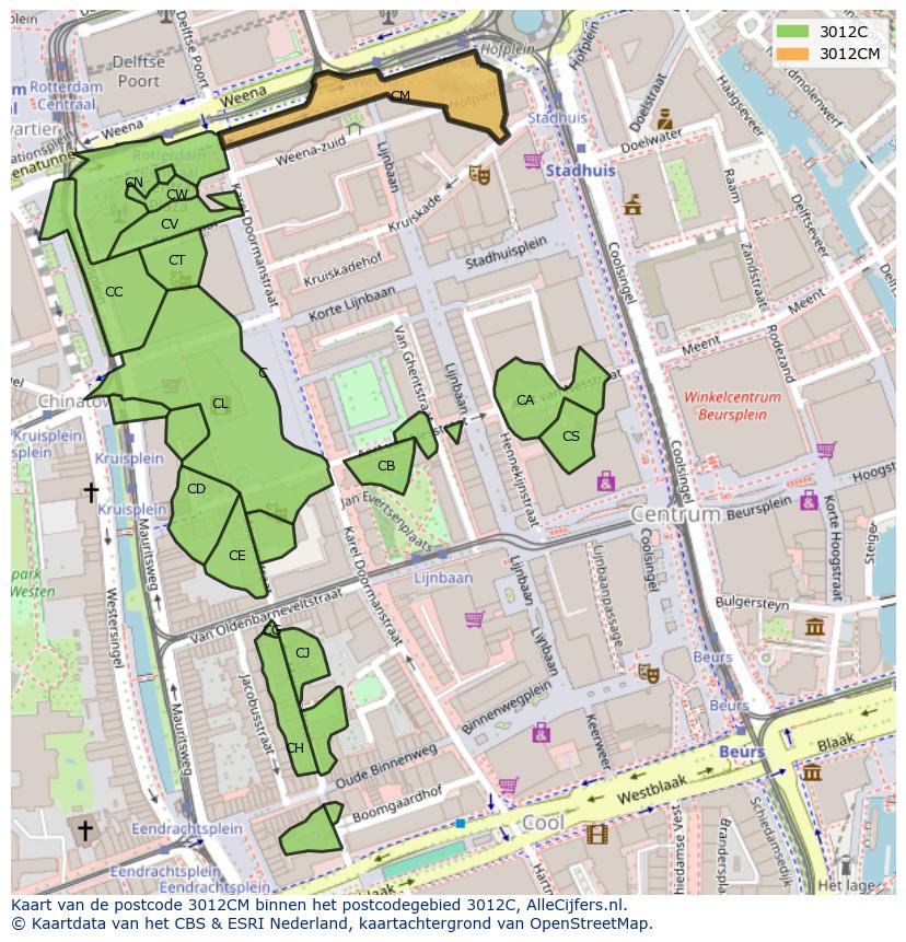 Afbeelding van het postcodegebied 3012 CM op de kaart.