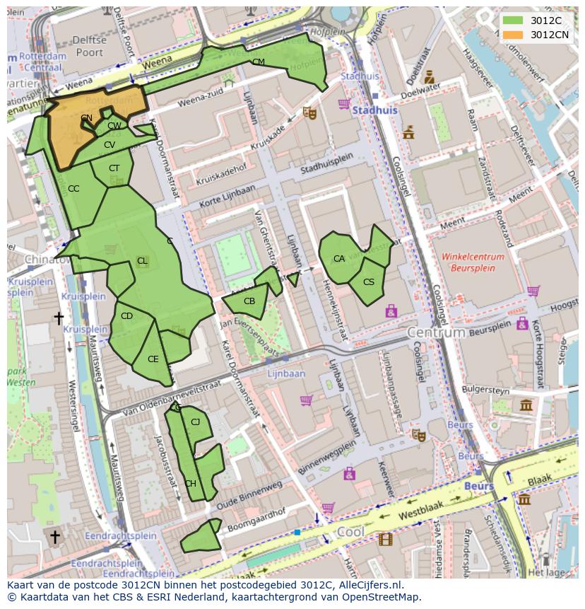 Afbeelding van het postcodegebied 3012 CN op de kaart.