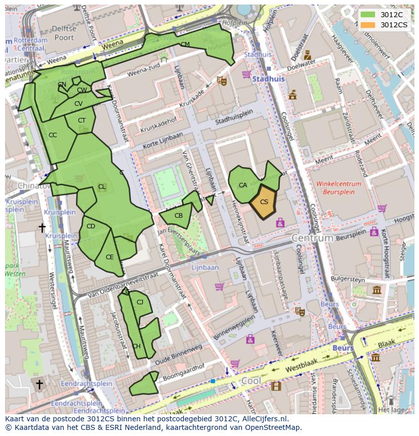 Afbeelding van het postcodegebied 3012 CS op de kaart.