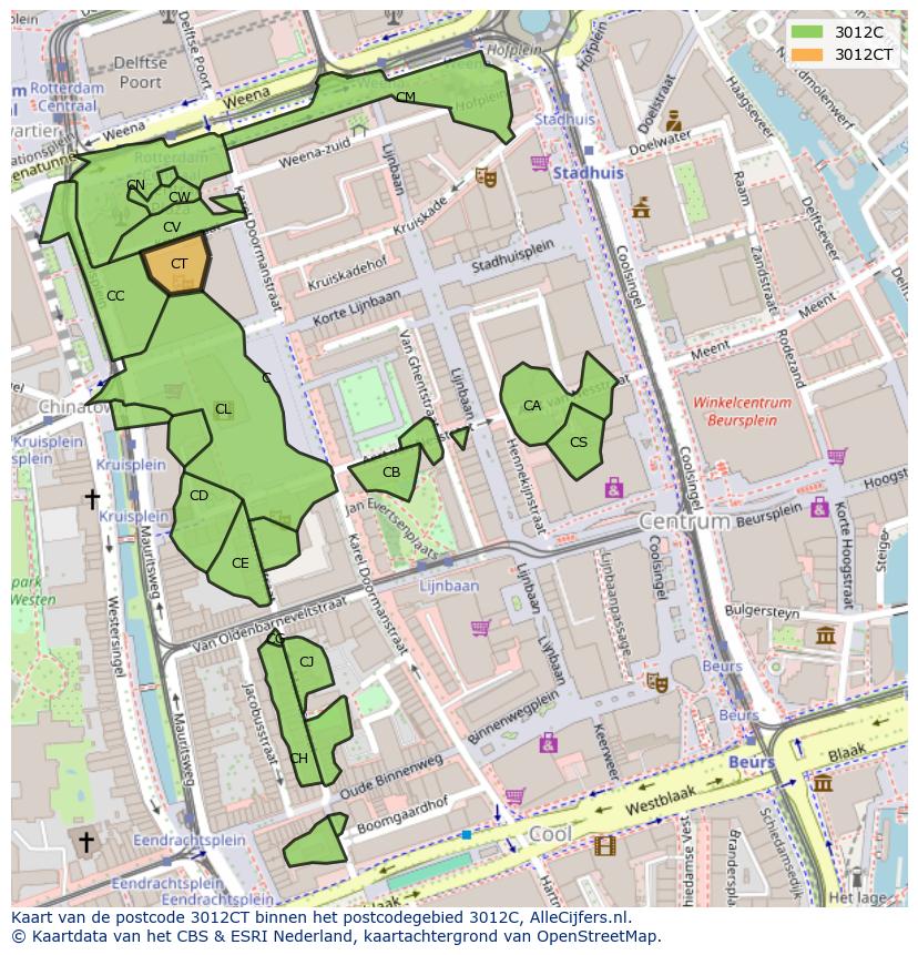 Afbeelding van het postcodegebied 3012 CT op de kaart.