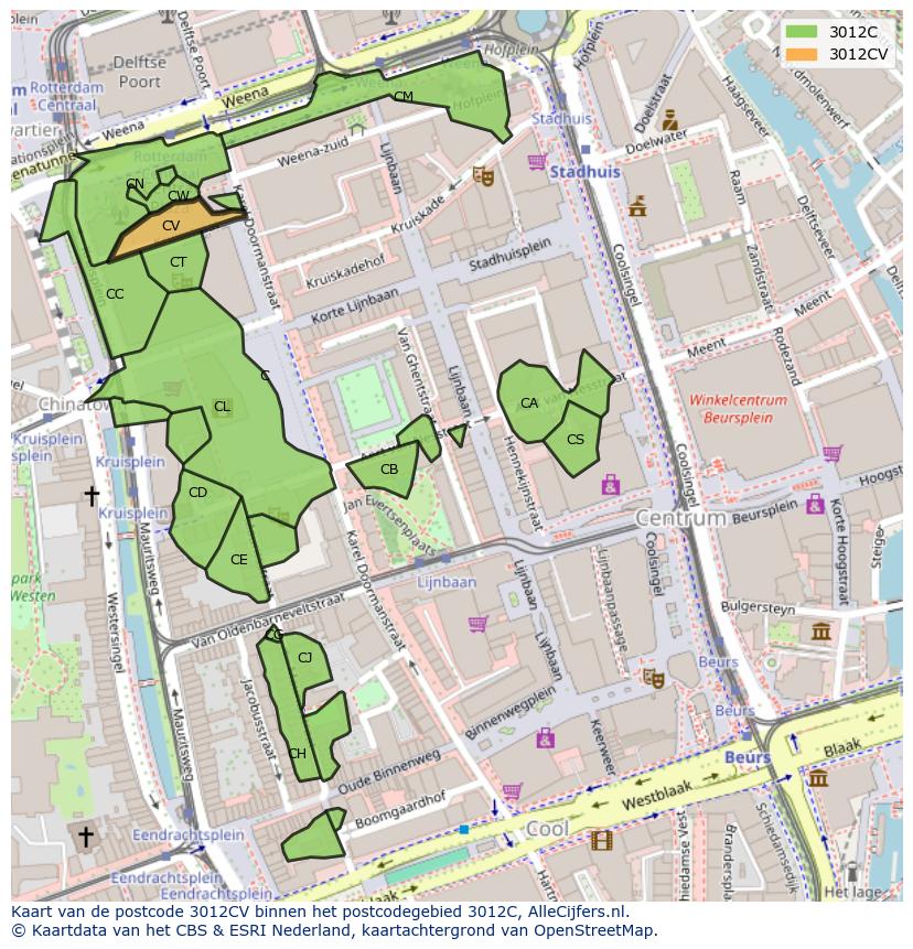 Afbeelding van het postcodegebied 3012 CV op de kaart.