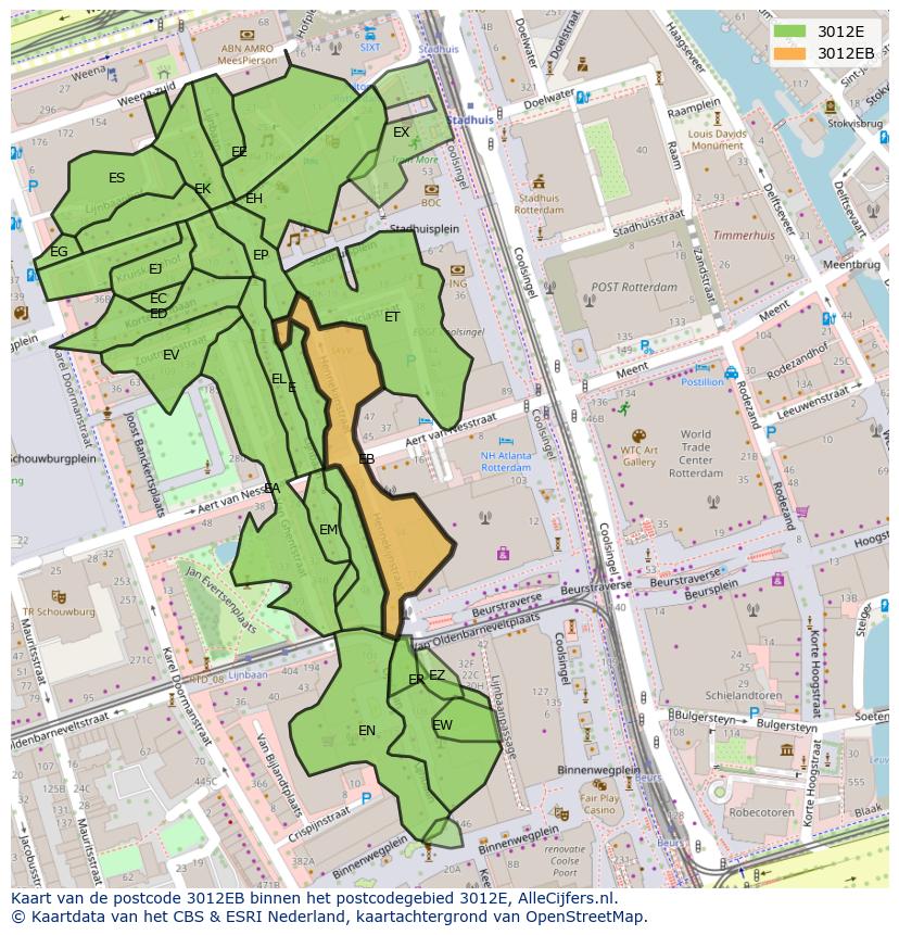Afbeelding van het postcodegebied 3012 EB op de kaart.