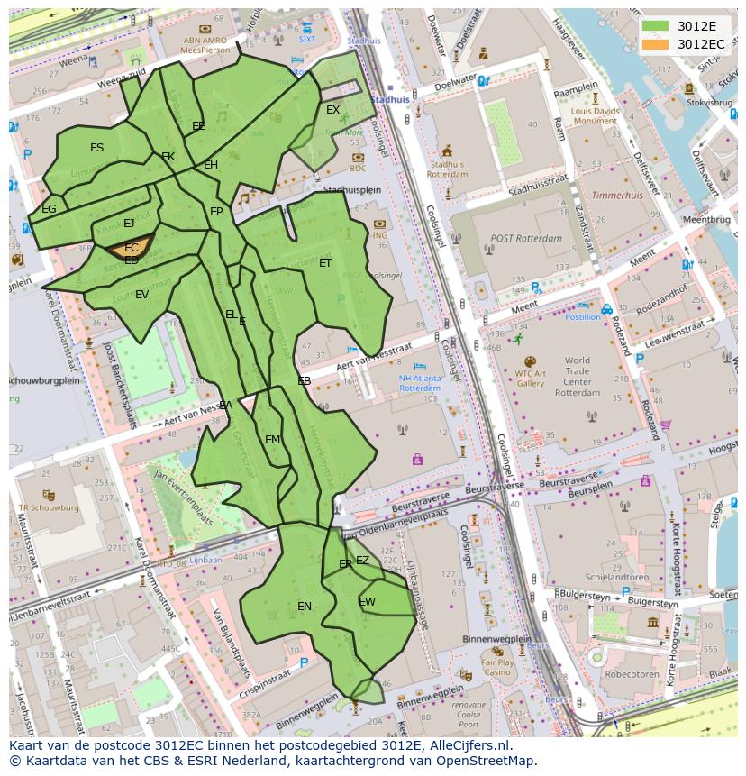 Afbeelding van het postcodegebied 3012 EC op de kaart.