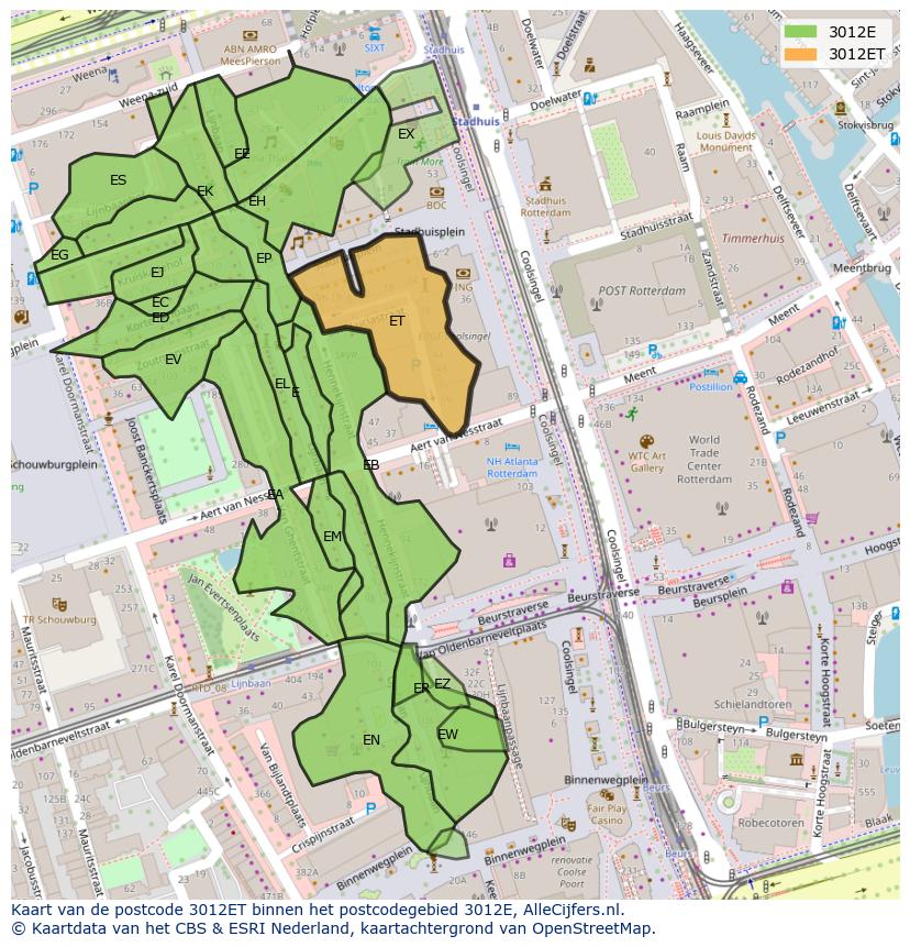 Afbeelding van het postcodegebied 3012 ET op de kaart.