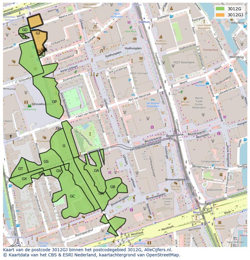 Afbeelding van het postcodegebied 3012 GJ op de kaart.