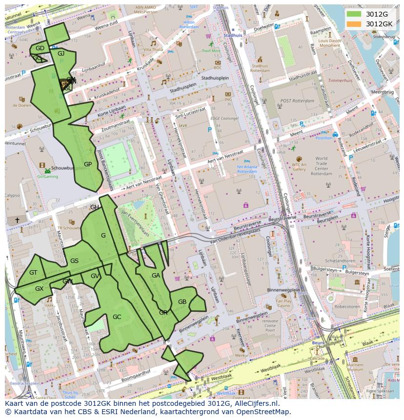 Afbeelding van het postcodegebied 3012 GK op de kaart.