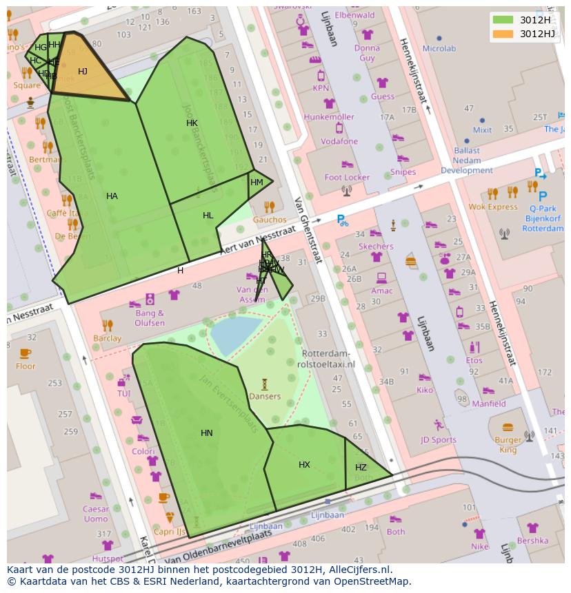 Afbeelding van het postcodegebied 3012 HJ op de kaart.