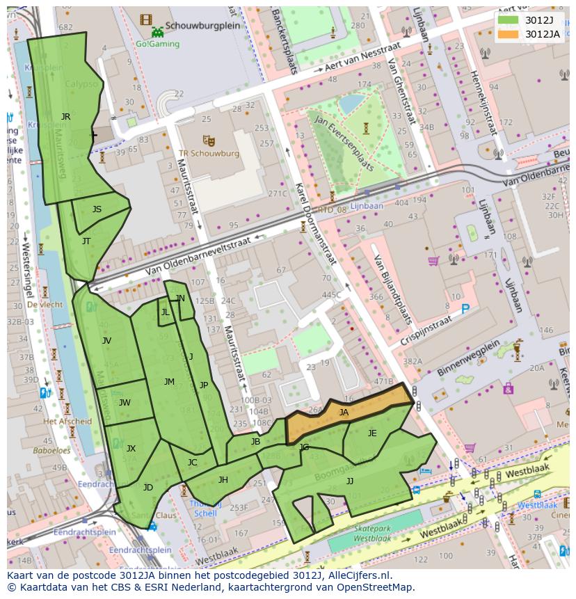 Afbeelding van het postcodegebied 3012 JA op de kaart.
