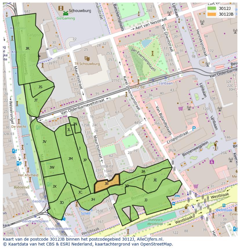 Afbeelding van het postcodegebied 3012 JB op de kaart.