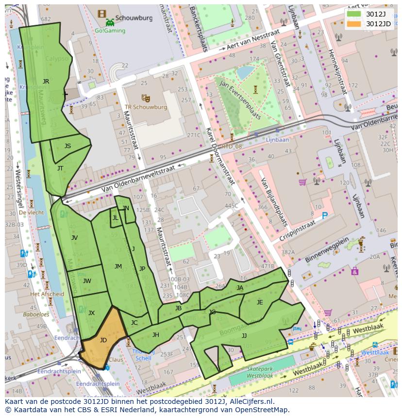 Afbeelding van het postcodegebied 3012 JD op de kaart.