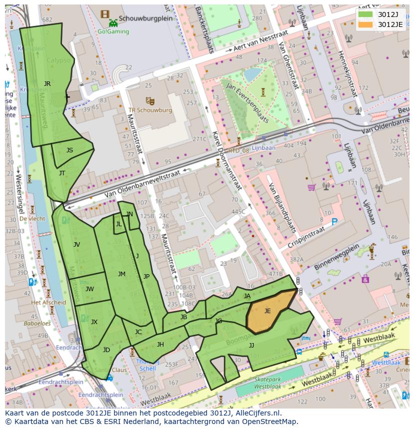Afbeelding van het postcodegebied 3012 JE op de kaart.