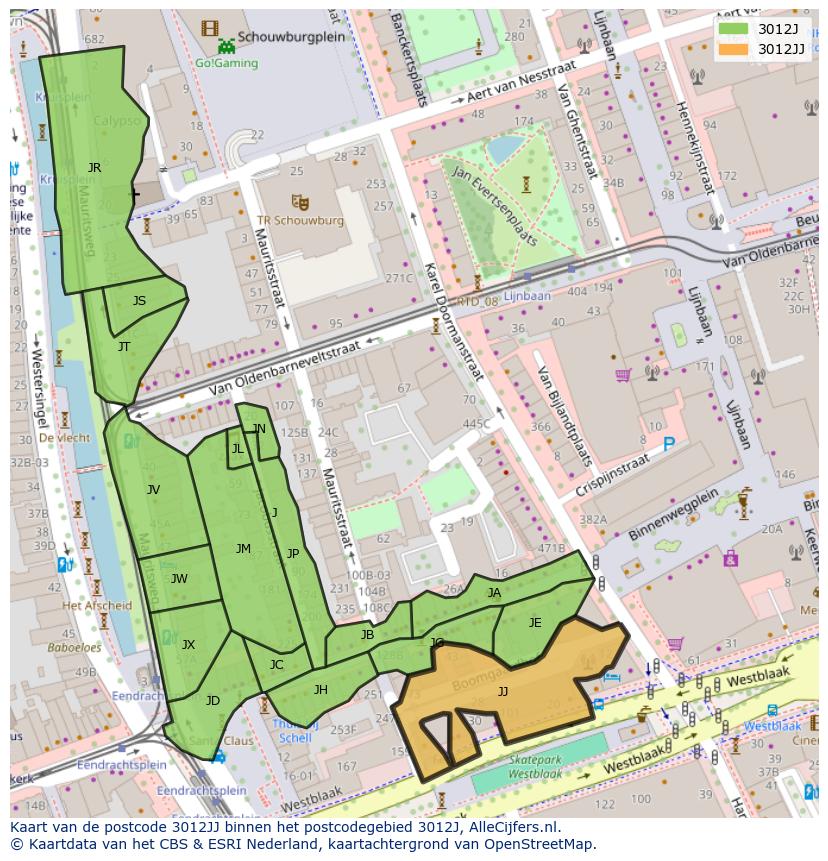 Afbeelding van het postcodegebied 3012 JJ op de kaart.