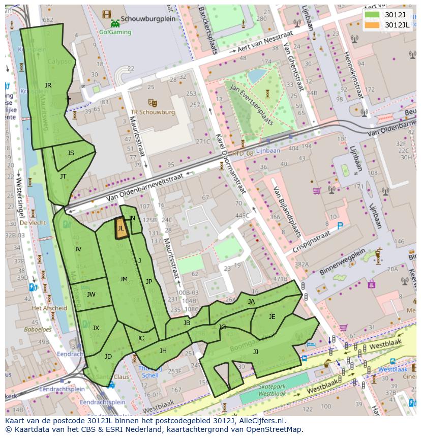 Afbeelding van het postcodegebied 3012 JL op de kaart.