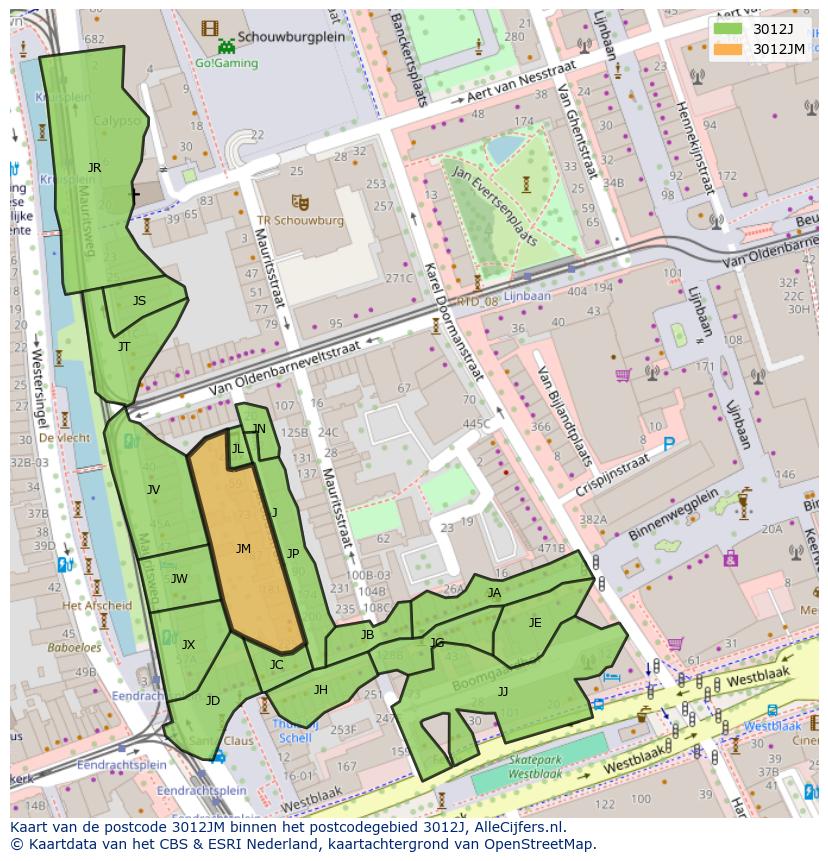 Afbeelding van het postcodegebied 3012 JM op de kaart.
