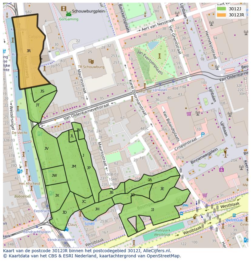 Afbeelding van het postcodegebied 3012 JR op de kaart.