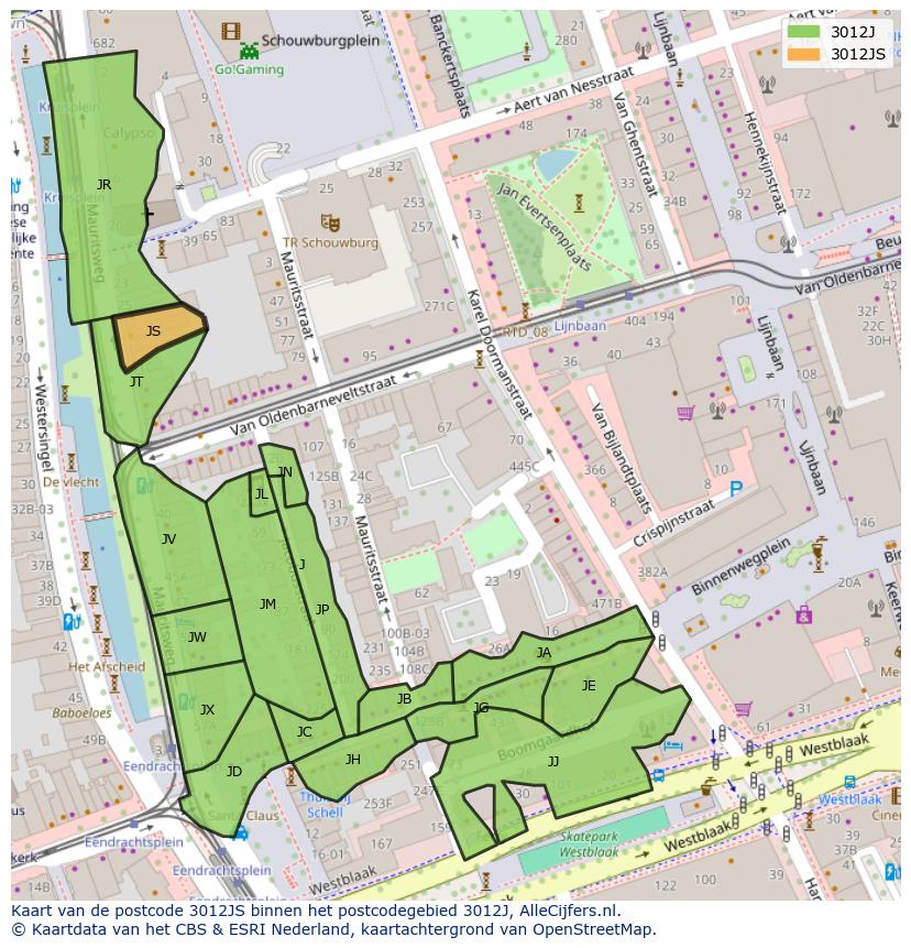 Afbeelding van het postcodegebied 3012 JS op de kaart.