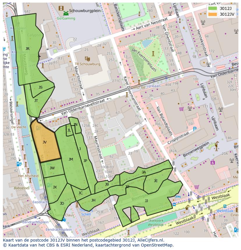 Afbeelding van het postcodegebied 3012 JV op de kaart.
