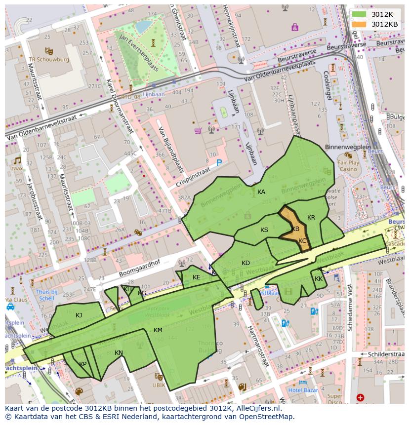 Afbeelding van het postcodegebied 3012 KB op de kaart.