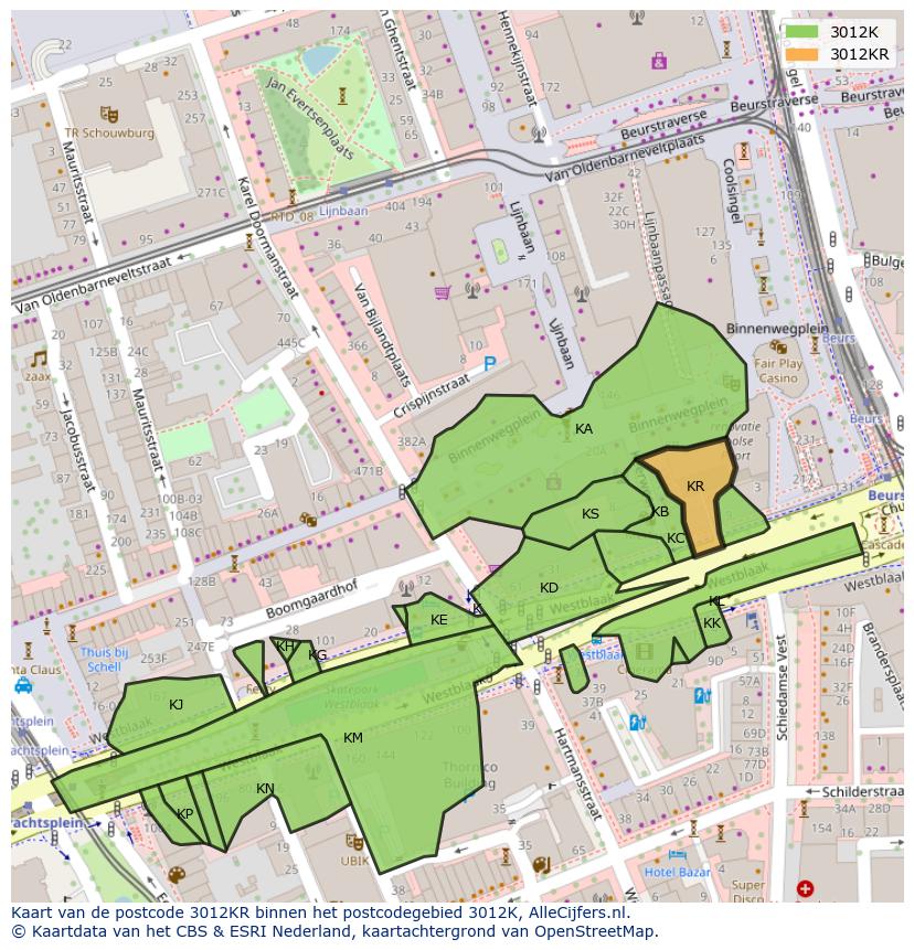 Afbeelding van het postcodegebied 3012 KR op de kaart.