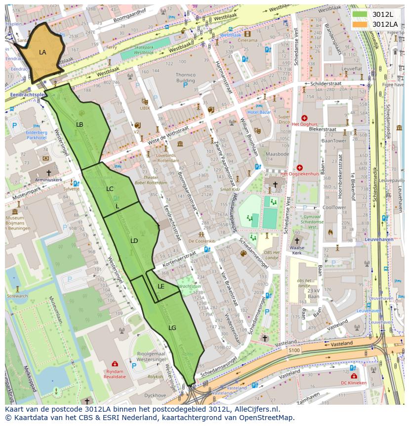 Afbeelding van het postcodegebied 3012 LA op de kaart.