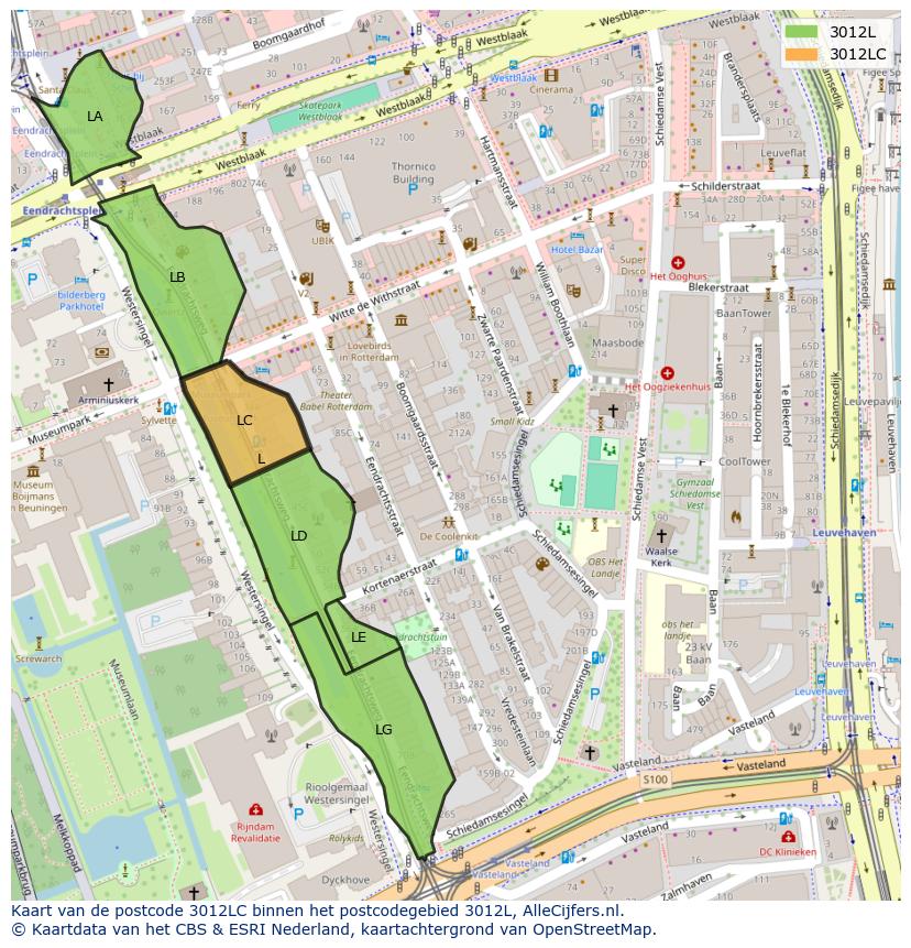Afbeelding van het postcodegebied 3012 LC op de kaart.