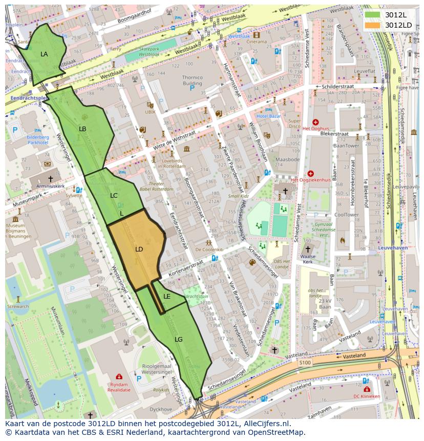 Afbeelding van het postcodegebied 3012 LD op de kaart.
