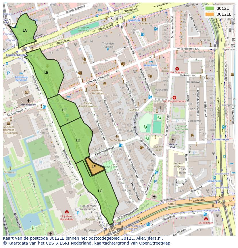 Afbeelding van het postcodegebied 3012 LE op de kaart.