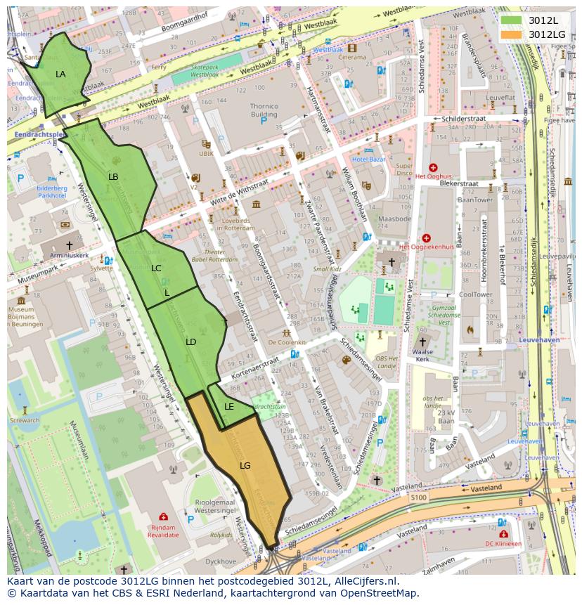 Afbeelding van het postcodegebied 3012 LG op de kaart.