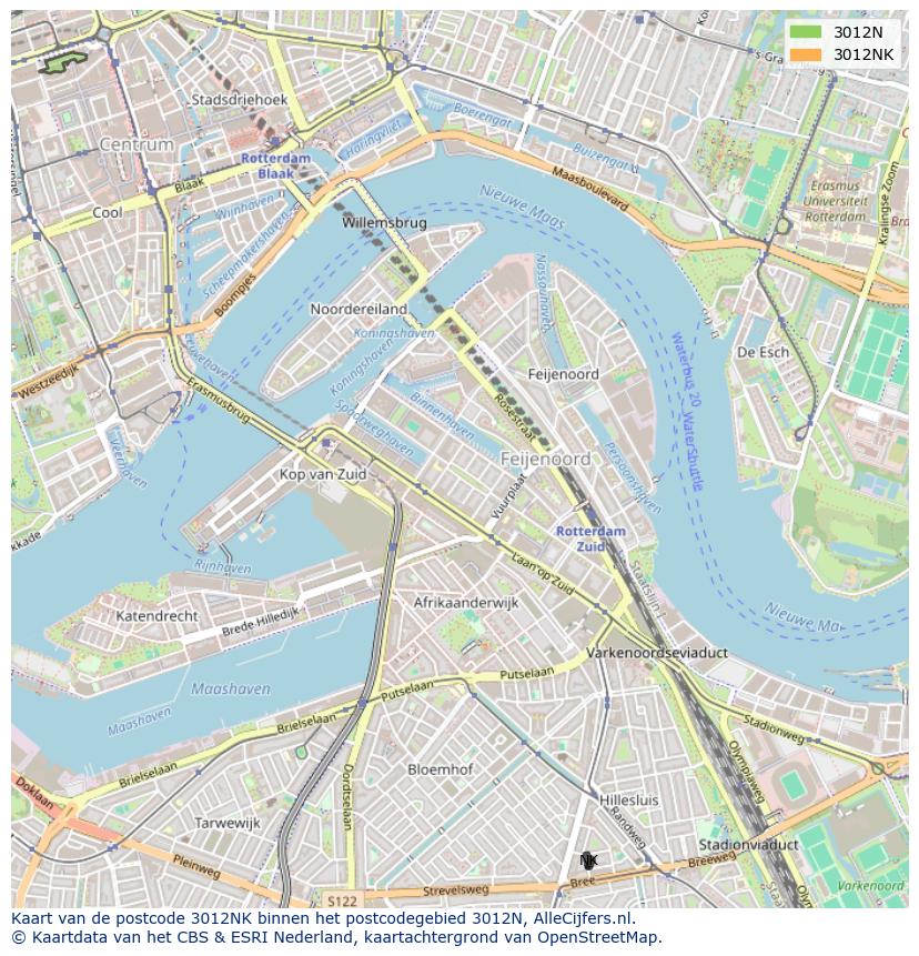 Afbeelding van het postcodegebied 3012 NK op de kaart.