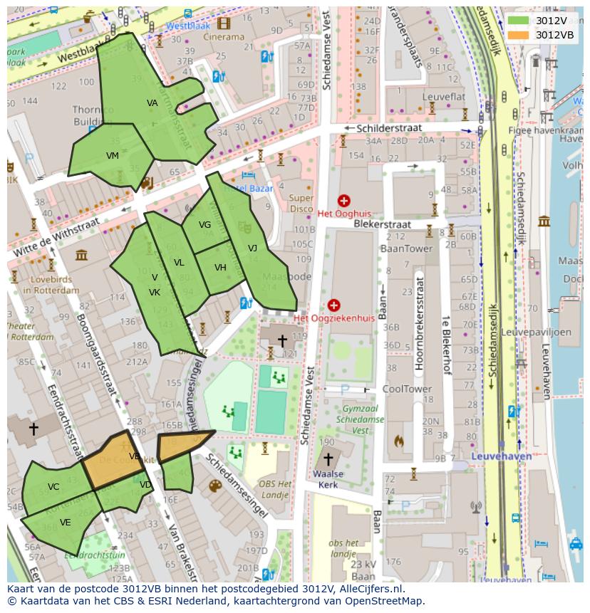 Afbeelding van het postcodegebied 3012 VB op de kaart.